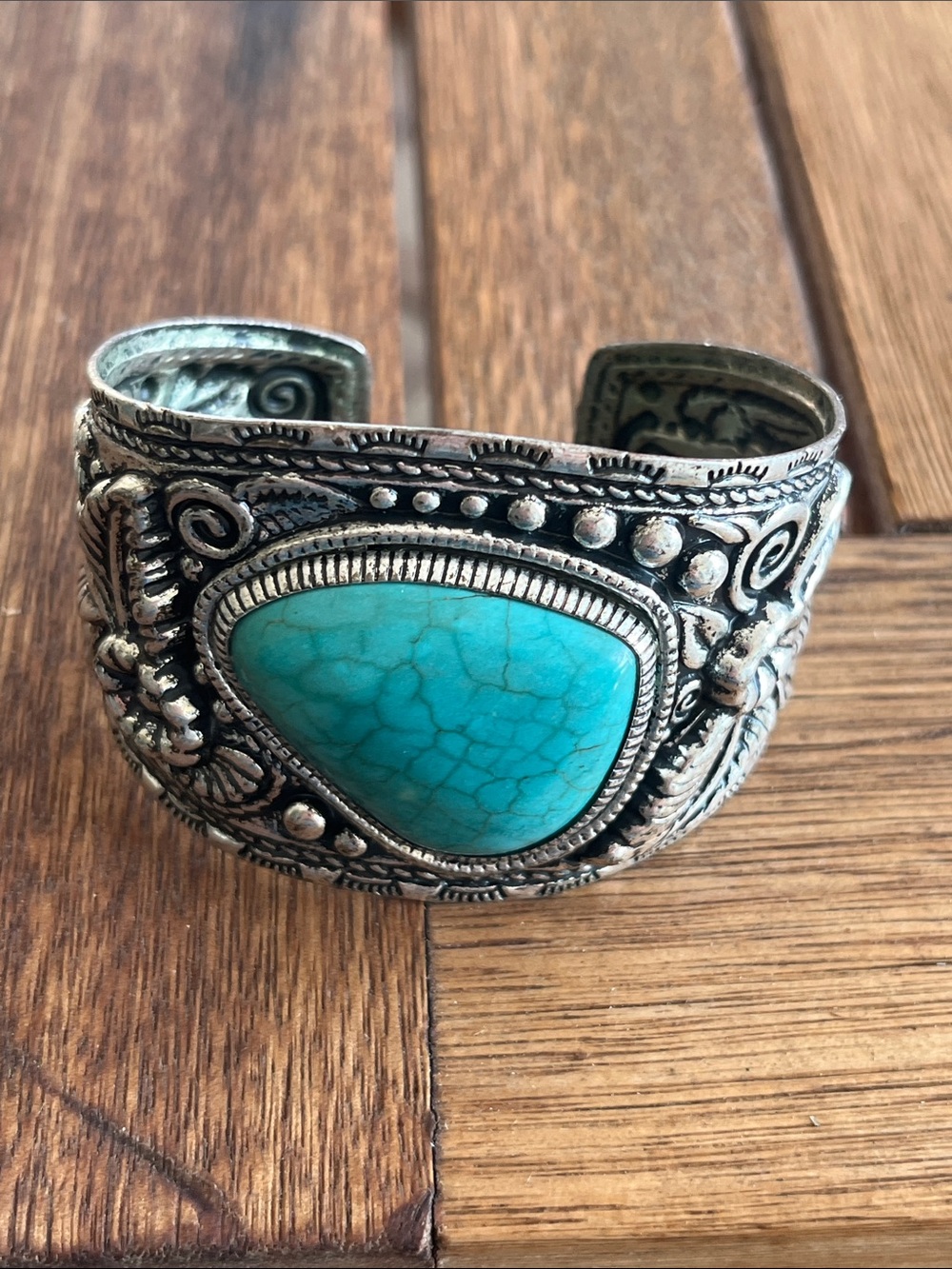 Turquoise Stone Silver-Tone Cuff Bracelet - Women Jewelry - Picture 2 of 6